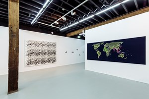 Artspace, Tiffany Chung, 'reconstructing an exodus history: boat trajectories, ports of first asylum and resettlement countries' (2017). Embroidery on fabric. 140 x 350 cm. Installation view: 21st Biennale of Sydney, Artspace, Sydney (16 March–11 June 2018). Courtesy the artist. Photo: Document Photography.